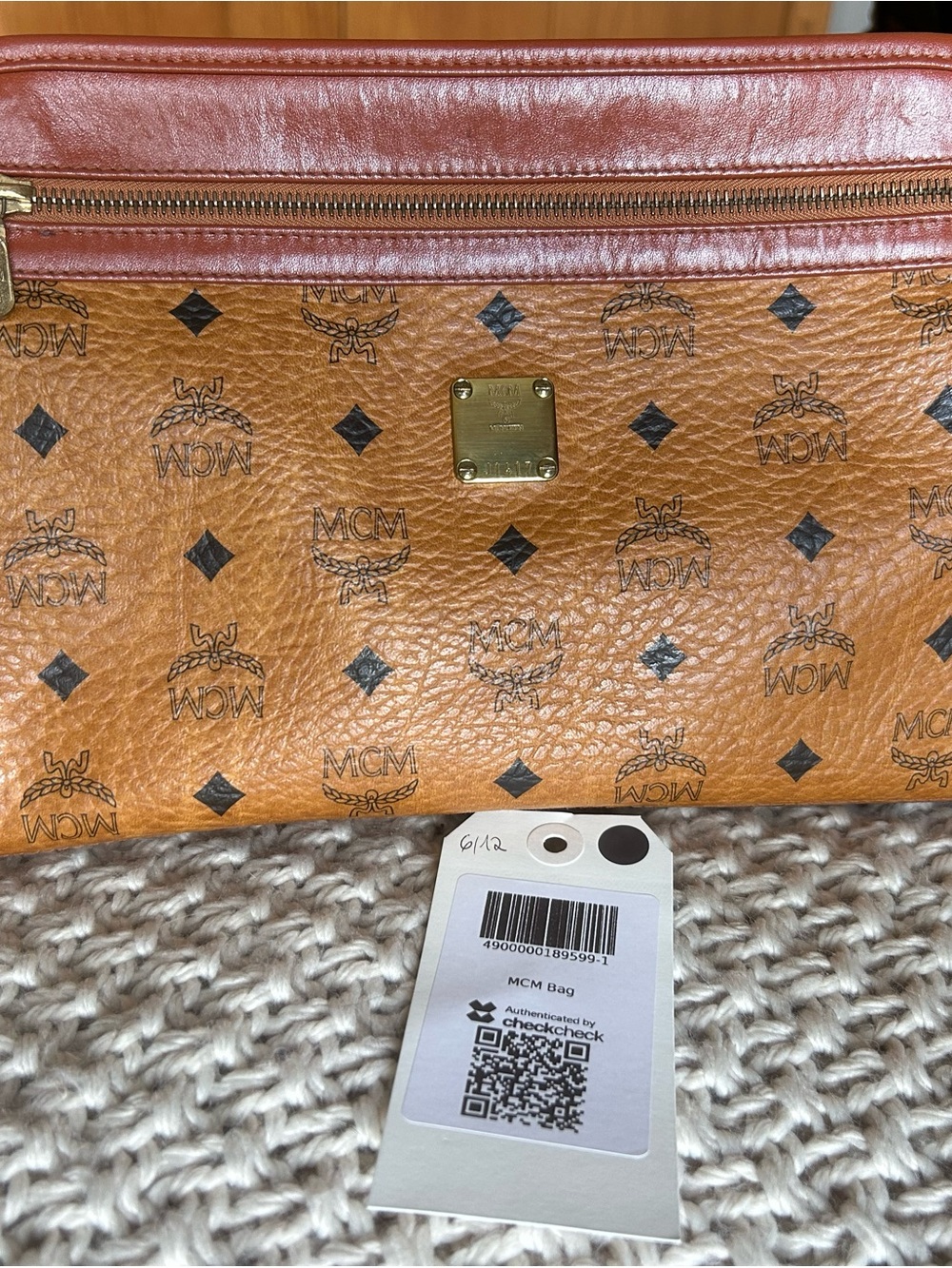 MCM Visetos Cognac Logo Print Zip-Top Clutch with Red Trim Authentic